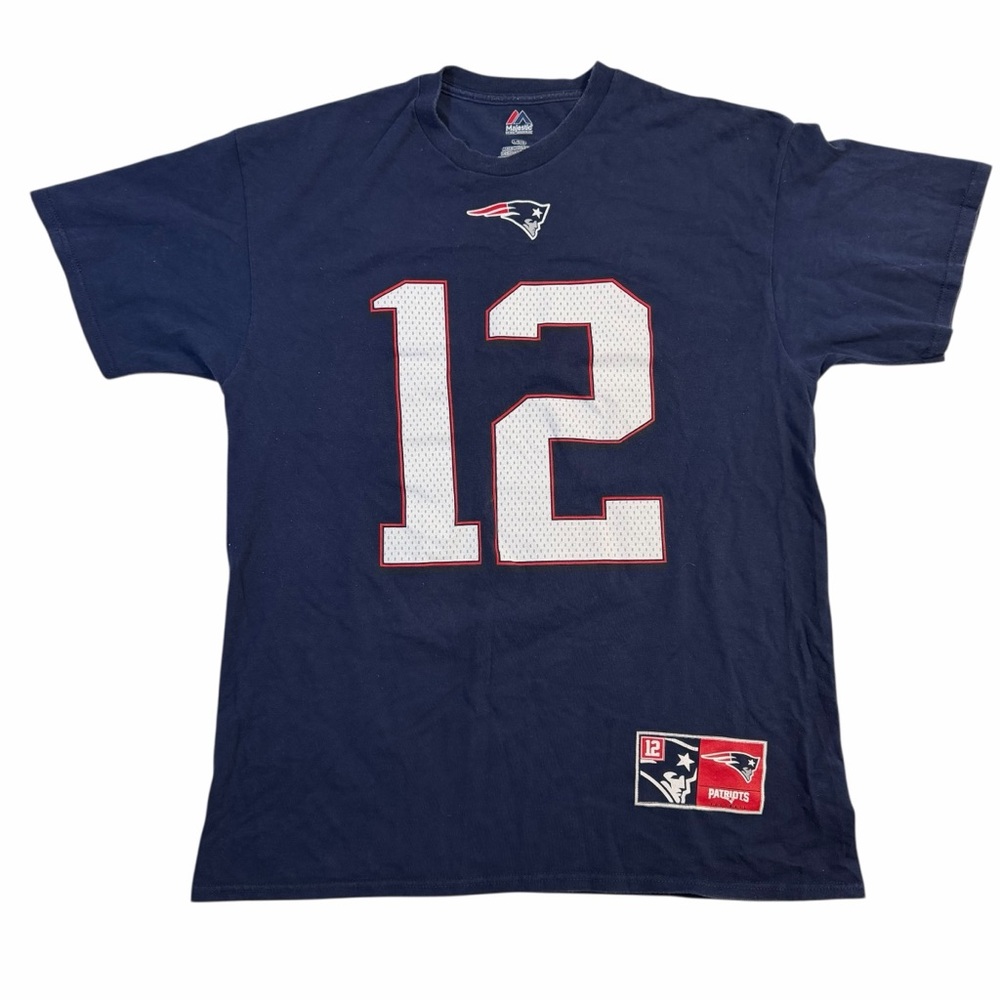 Majestic New England Patriots Tom Brady Navy Blue Jersey Tee Large